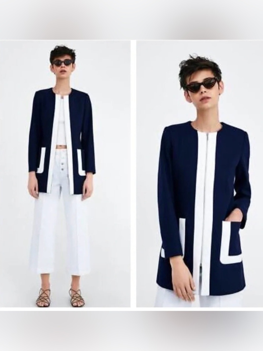 Zara Navy and White Zip Jacket Work Blazer Size Small